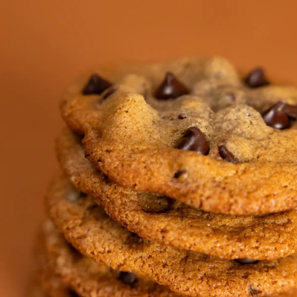 Close-up of Chocolate Chip Cookies with golden edges and melted chocolate