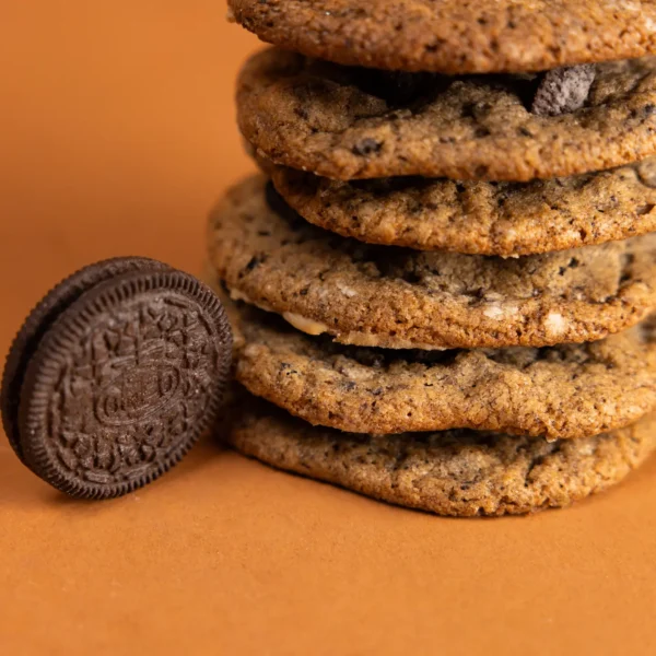 Delicious Cookies & Cream cookies stacked on a plate