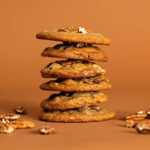 Close-up of Dark Chocolate Pecan cookies with melted chocolate chips