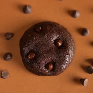 Freshly baked Double Dark Chocolate Chip cookies with a rich, fudgy texture