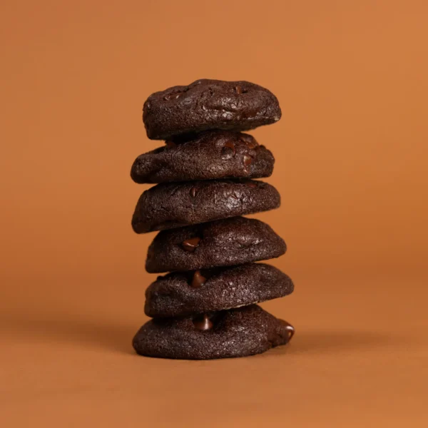 Close-up of Double Dark Chocolate Chip cookies with premium cocoa and Guittard chocolate