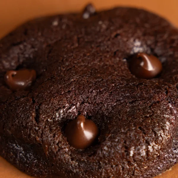 Soft and chewy Double Dark Chocolate Chip cookies with melted chocolate chips