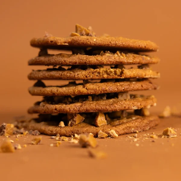 Close-up of Toffee Almond cookies with caramelized toffee pieces
