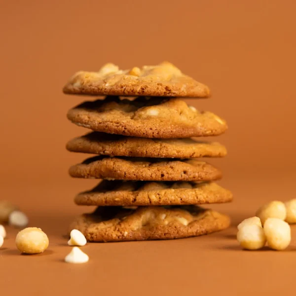 Close-up of White Chocolate Macadamia Nut cookies with chopped macadamia nuts
